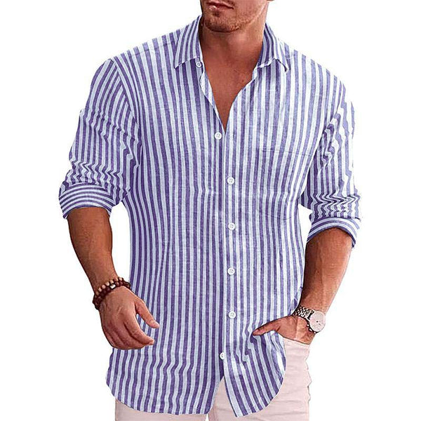 Men's Casual Lapel Striped Long Sleeve Shirt 22151711M