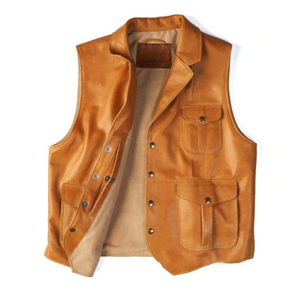 Mens Fashion Vintage Western Leather Vest Khaki / S Vests