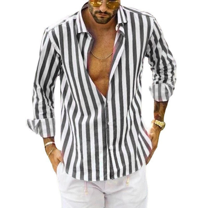 Camicia a righe a maniche lunghe da uomo con risvolto 67559330X