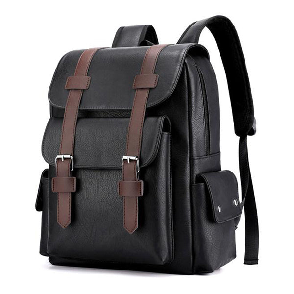 Vintage Fashion Leather Multi Pocket Backpack Black Bag