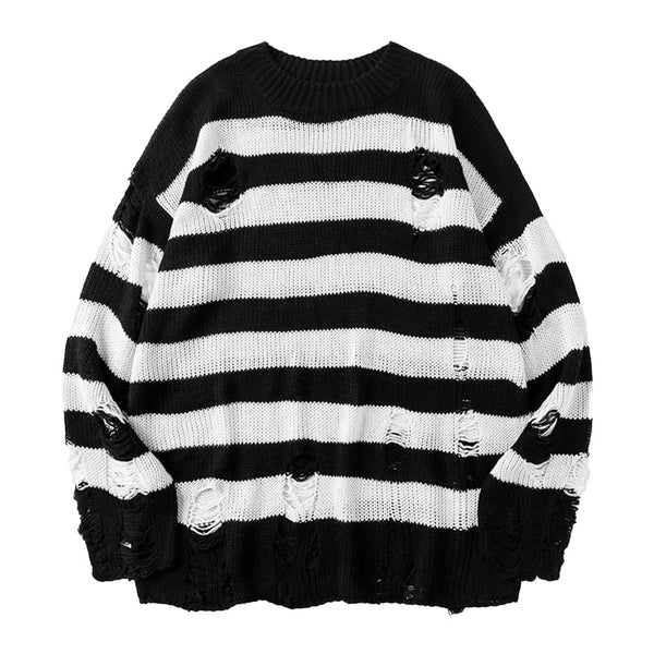 Men's Casual Round Neck Striped Ripped Sweater 27144386M
