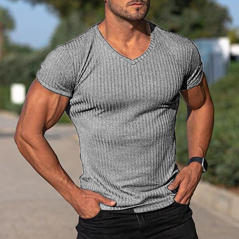 Men's V Neck Short Sleeve Striped T-shirt 10687148Z