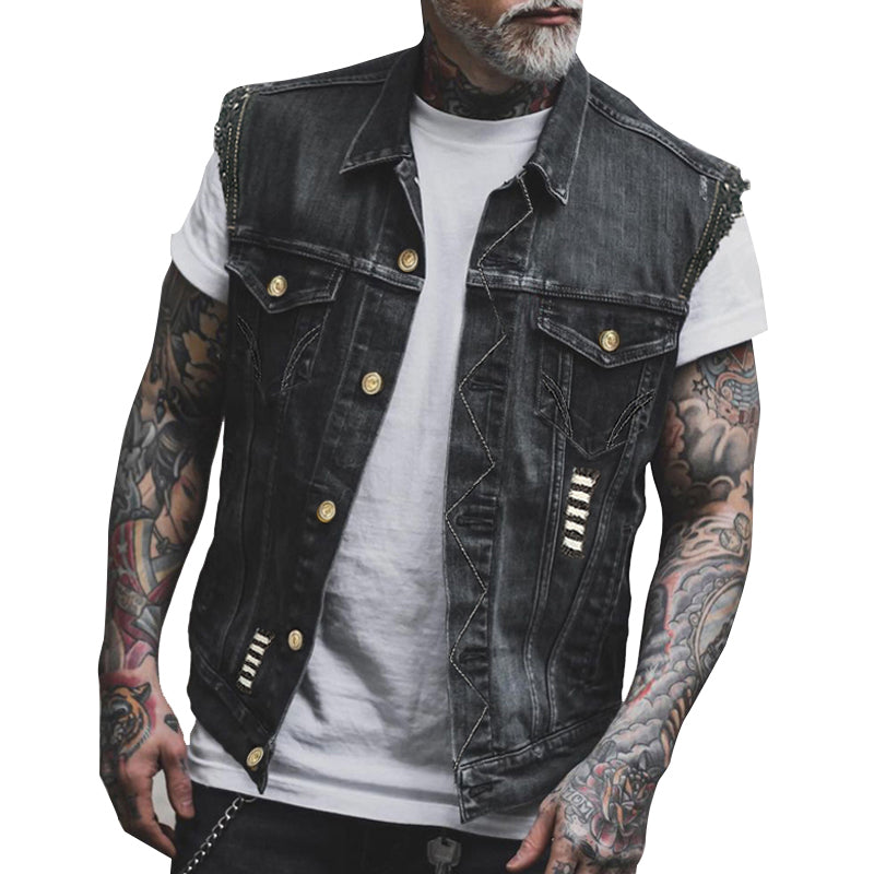 Herre Casual Vintage Lapel Denim Vest 90960797Y