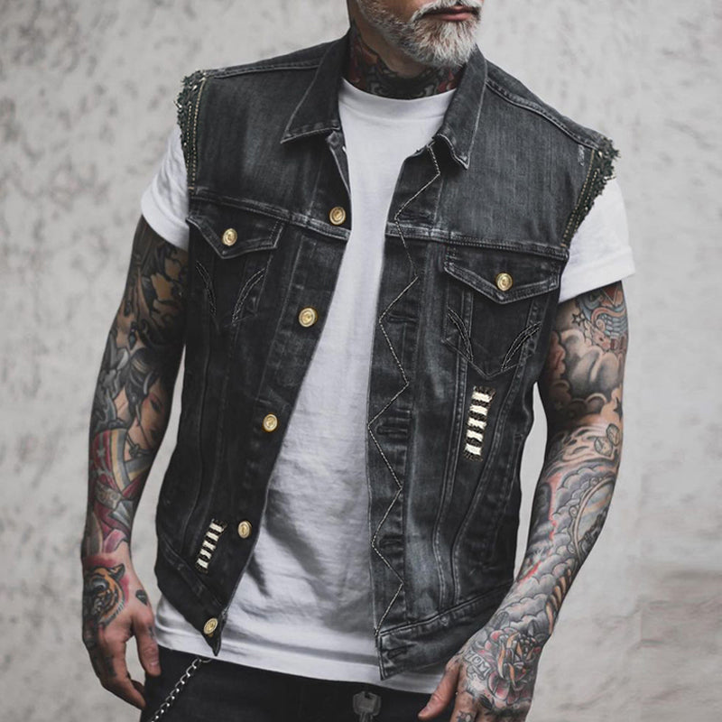 Men's Casual Vintage Lapel Denim Vest 90960797Y