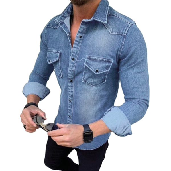 Men's Lapel Long Sleeve Casual Denim Shirt 88050908Z