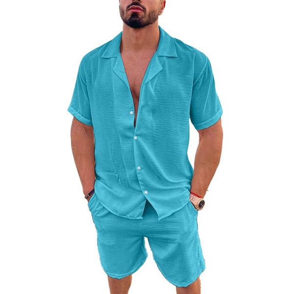 Men's Lapel Cotton Linen Solid Color Short Sleeve Shorts Set 10020862X