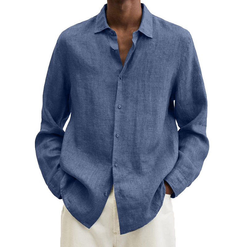 Camicia da uomo in cotone e lino con risvolto e maniche lunghe, vestibilità ampia 38274367Z