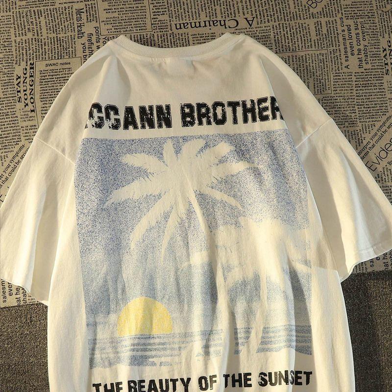 Men's Beach Sunset Print Short Sleeve Cotton T-shirt 16466777Z