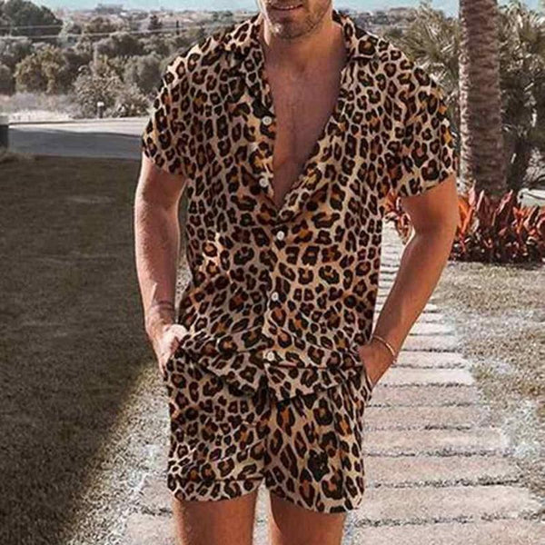 Men's Casual Leopard Short Sleeve Shirt Set 88374913Y