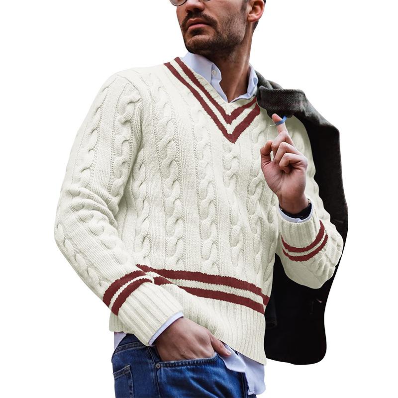 Pull en tricot à rayures et col en V pour homme 46504810M