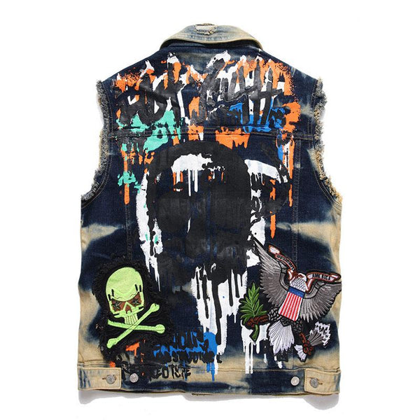 Men's Casual Washed Embroidery Print Lapel Collar Loose Denim Vest 39872810M