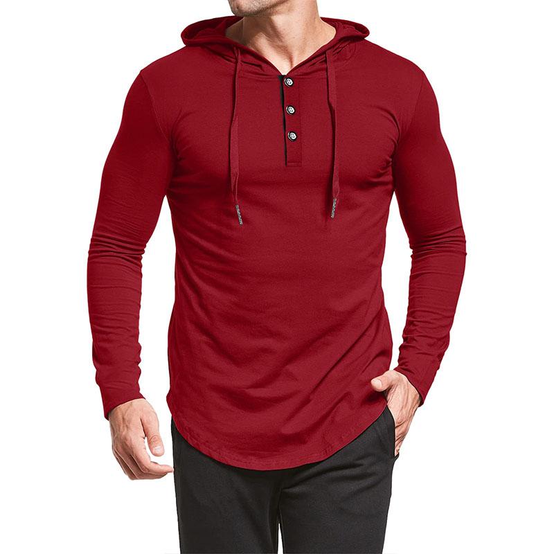 Men's Casual Round Neck Button Loose Long Sleeve Hooded T-Shirt 14365821M