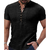 Men's Solid Color Stand Collar Button Down Half Cardigan Short Sleeve Shirt 83311488X