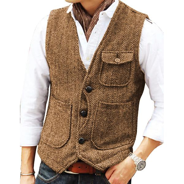 Mens V-Neck Single-Breasted Tweed Vest 39854419M Brown / S Vests