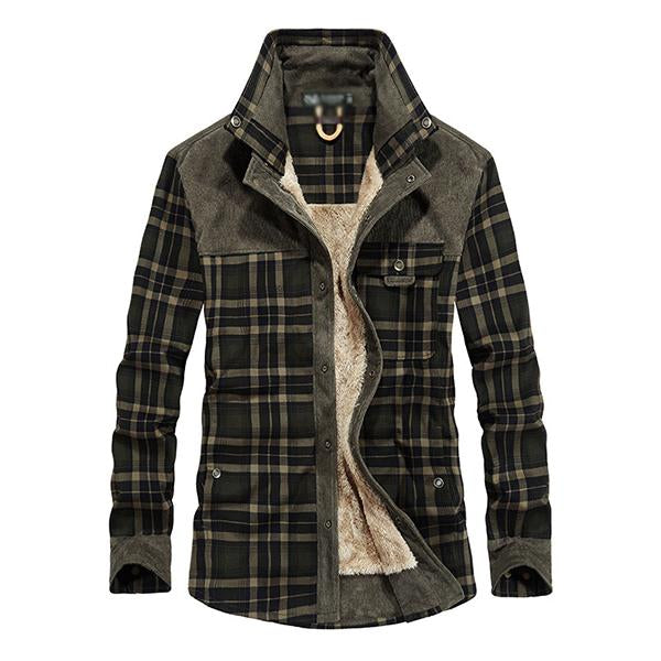 Men's Washed Cotton Plaid Lapel Fleece Thermal Jacket 14246512M