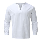 Men's Cotton and Linen Solid Color Pullover V-neck Long-sleeved Shirt 17237474X