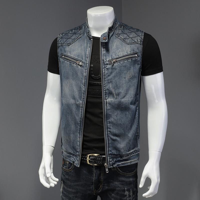 Men's Vintage Stitching Stand Collar Motorcycle Denim Vest 17095434Y