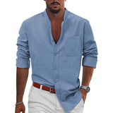 Men's Casual Beach Button Down Stand Collar Long Sleeve Cotton Linen Shirt 73426377X