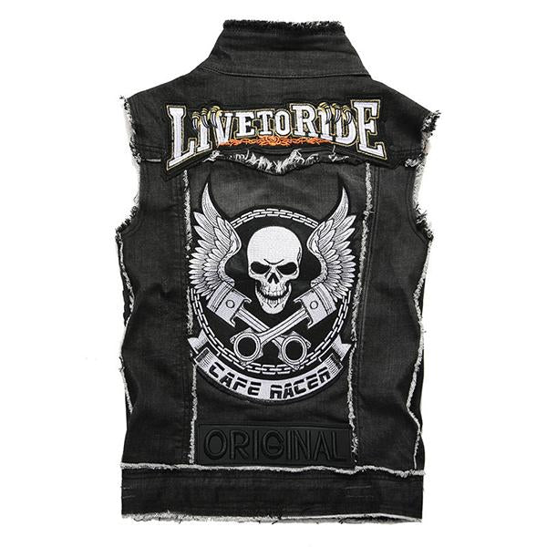 Mens Washed Embroidered Skull Denim Vest 11712032M Vests