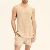 Men's Casual Solid Color Knit Sleeveless Tank Top Shorts Set 94271477Y