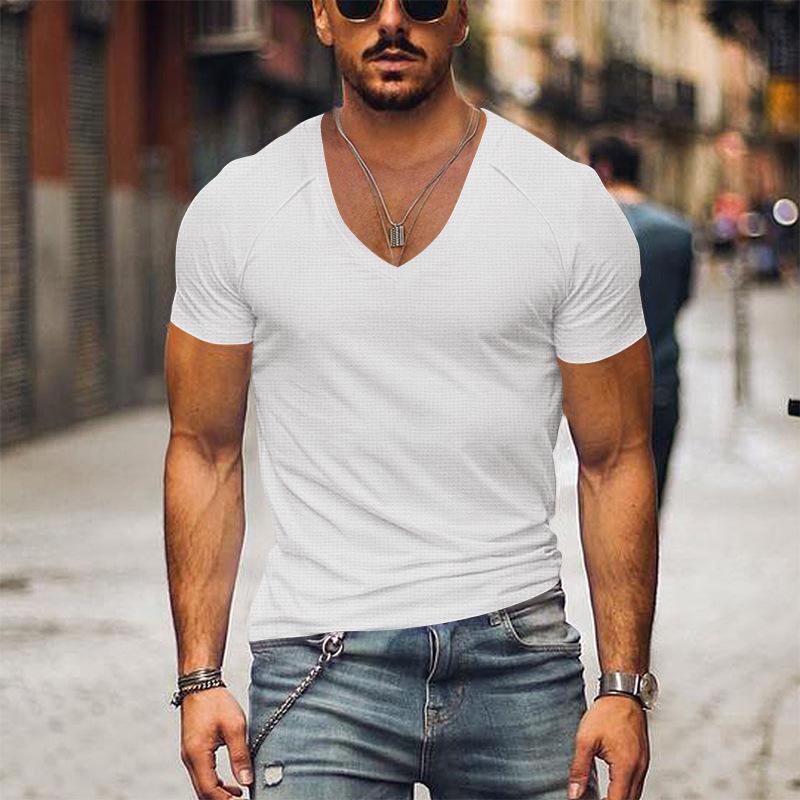 Men's Waffle Solid Color V Neck Solid Color T-Shirt 42598906X