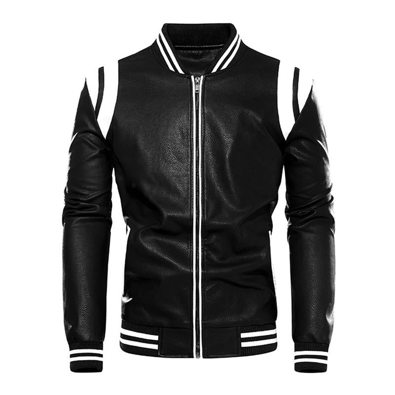 Men's Casual Color Contrasting Plush Leather Baseball Jacket 86960165M