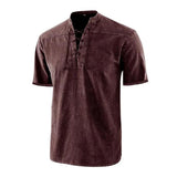 Men's Retro Lace Up Collar Casual Short Sleeve Shirt 98847664M