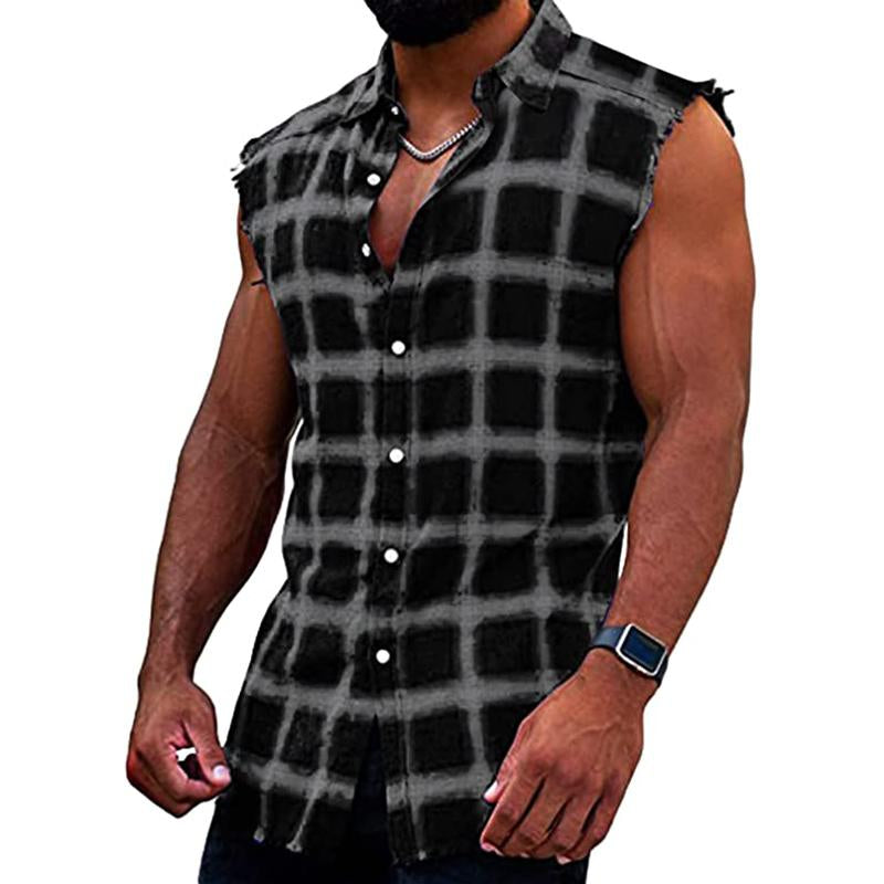 Men's Fashion Plaid Lapel Sleeveless Shirt 55411001M