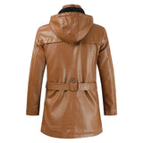 Men's Vintage Hooded Mid Length Leather Coat 39111752M