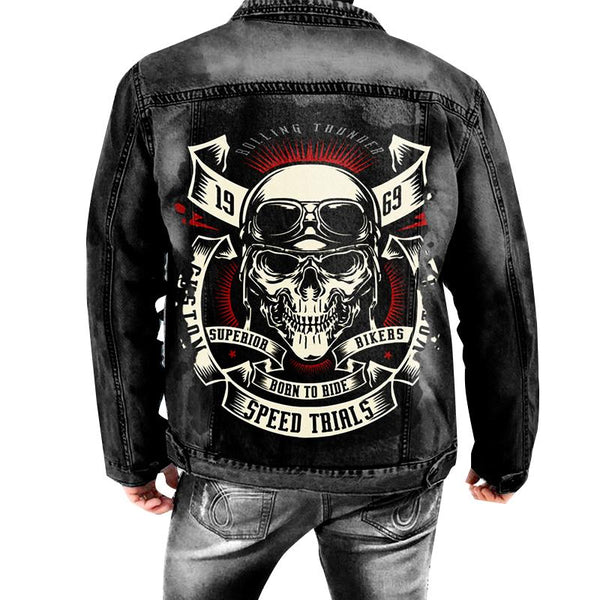 Men's Vintage Biker Skull Print Washed Distressed Denim Jacket 78182390Y
