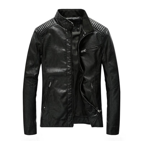 Men's Vintage Stand Collar Leather Motor Jacket 68616384M