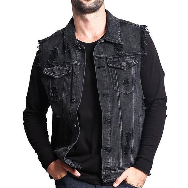 Mens Casual Distressed Ripped Denim Vest 85444127M Black / S Vests