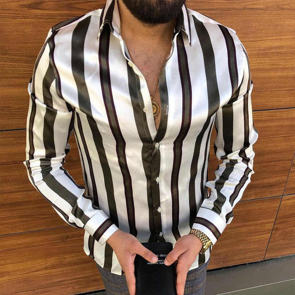 Men's Casual Lapel Stripe Printed Long Sleeve Shirt 40194690Y