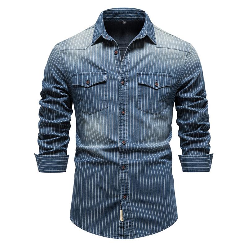 Men's Washed Distressed Striped Denim Shirt 98861733X
