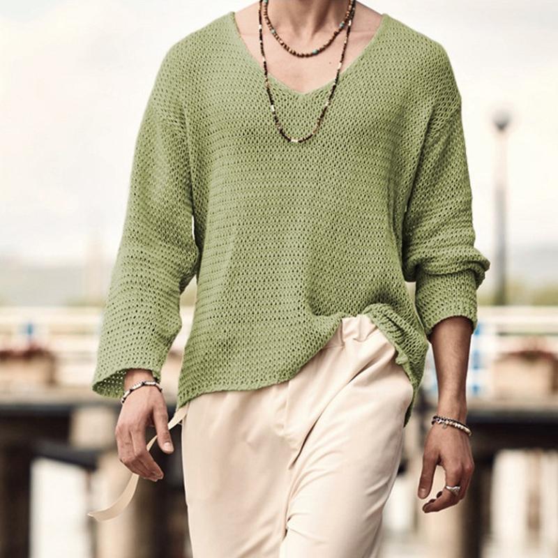 Men's Solid Color V-Neck Sweater Knitwear 23920508X