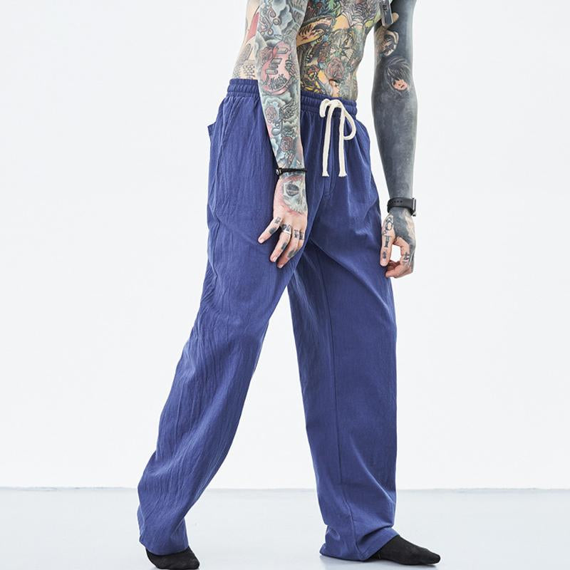 Men's Loose Cotton Linen Solid Color Drawstring Trousers 02079114Y