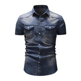 Men's Retro Lapel Distressed Denim Short Sleeved Shirt 64113192M