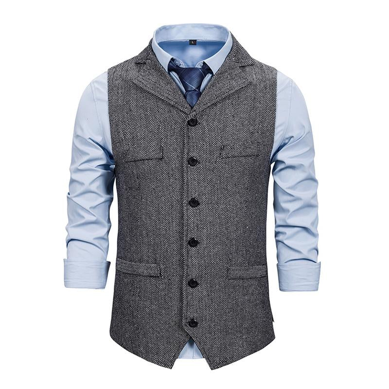 Men's Vintage Lapel Herringbone Single Breasted Vest 05741062M