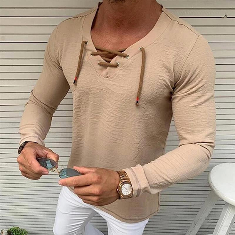 Men's Casual Lace-Up V Neck Long Sleeve Shirt 23669542M
