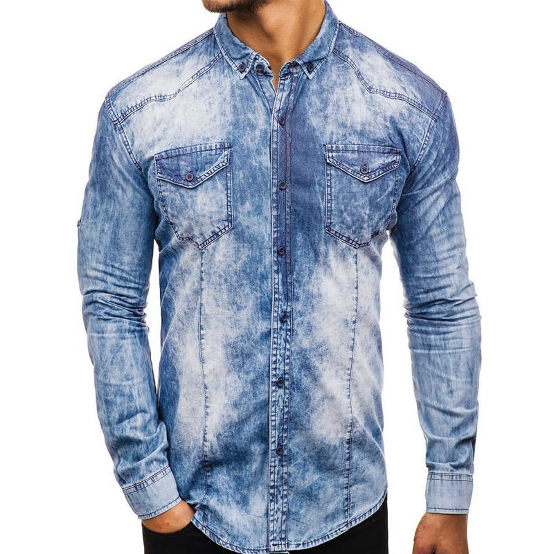 Men's Vintage Wash Long Sleeve Denim Shirt 48718428X