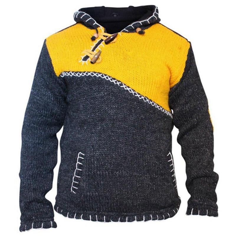 Men's Contrast Pullover Hooded Long Sleeve Knit Sweater 91376193M