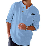 Men's Cotton Linen Loose Casual Solid Color Roll-Up Sleeve Long-sleeved Shirt 77171009X