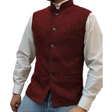 Mens Stand Collar Herringbone Single Breasted Vest 76418897M Wine Red / S Vests