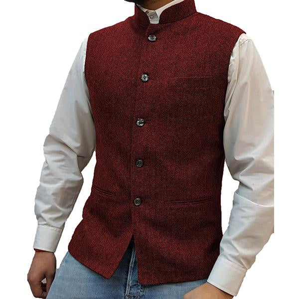 Mens Stand Collar Herringbone Single Breasted Vest 76418897M Wine Red / S Vests