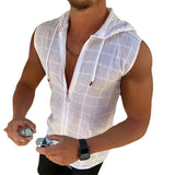 Men's Casual Solid Color Plaid Hooded Zipper Sleeveless Tank Top Shirt 56817301Y