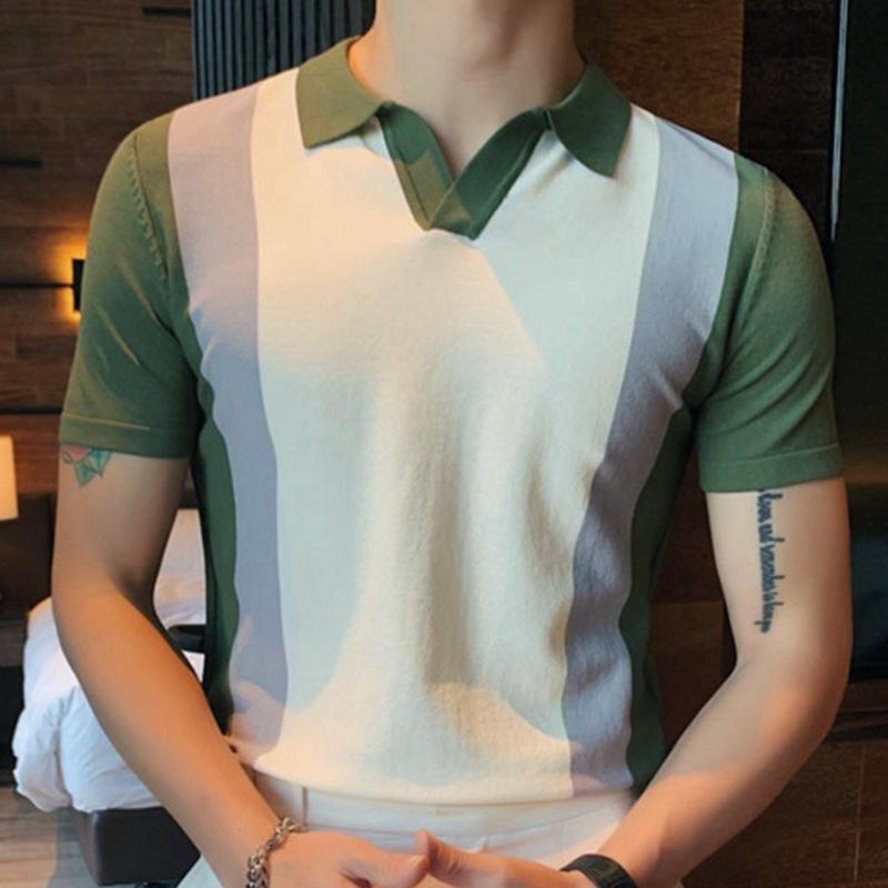 Men's Lapel Collar Contrast Color Knit Polo Shirt 12748774M