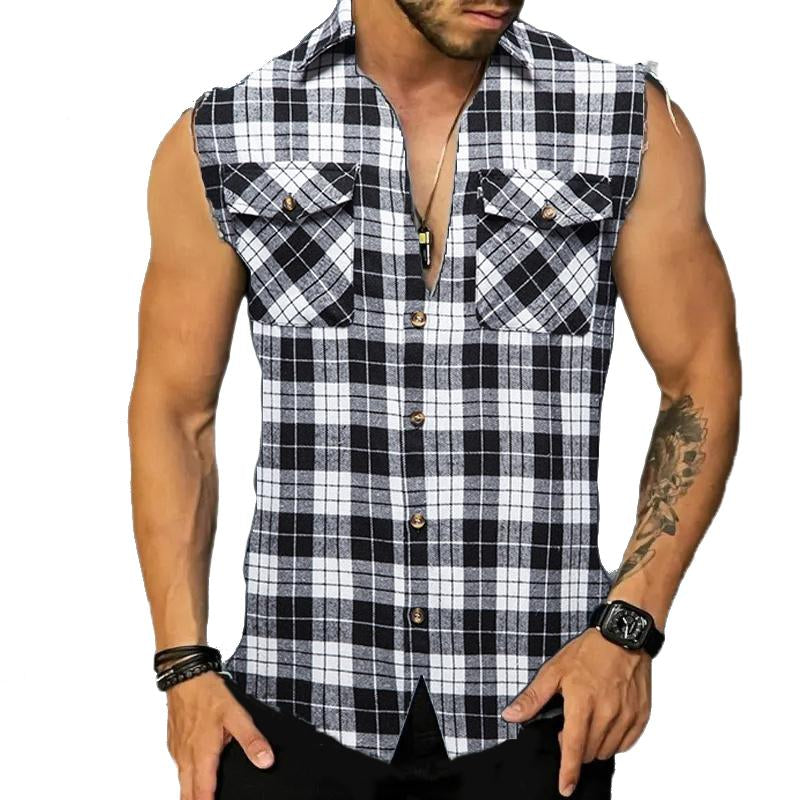 Men's Casual Flannel Plaid Sleeveless Shirt 93547455Y