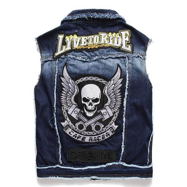 Mens Washed Embroidered Skull Denim Vest 11712032M Vests