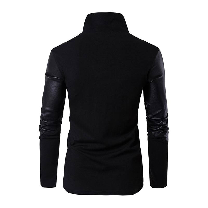 Men's Casual Stand Collar Slim Knit Leather Panel Jacket 05621291M