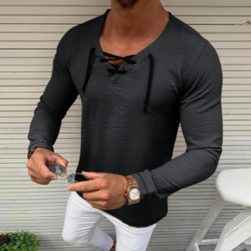 Men's Casual Lace-Up V Neck Long Sleeve Shirt 23669542M